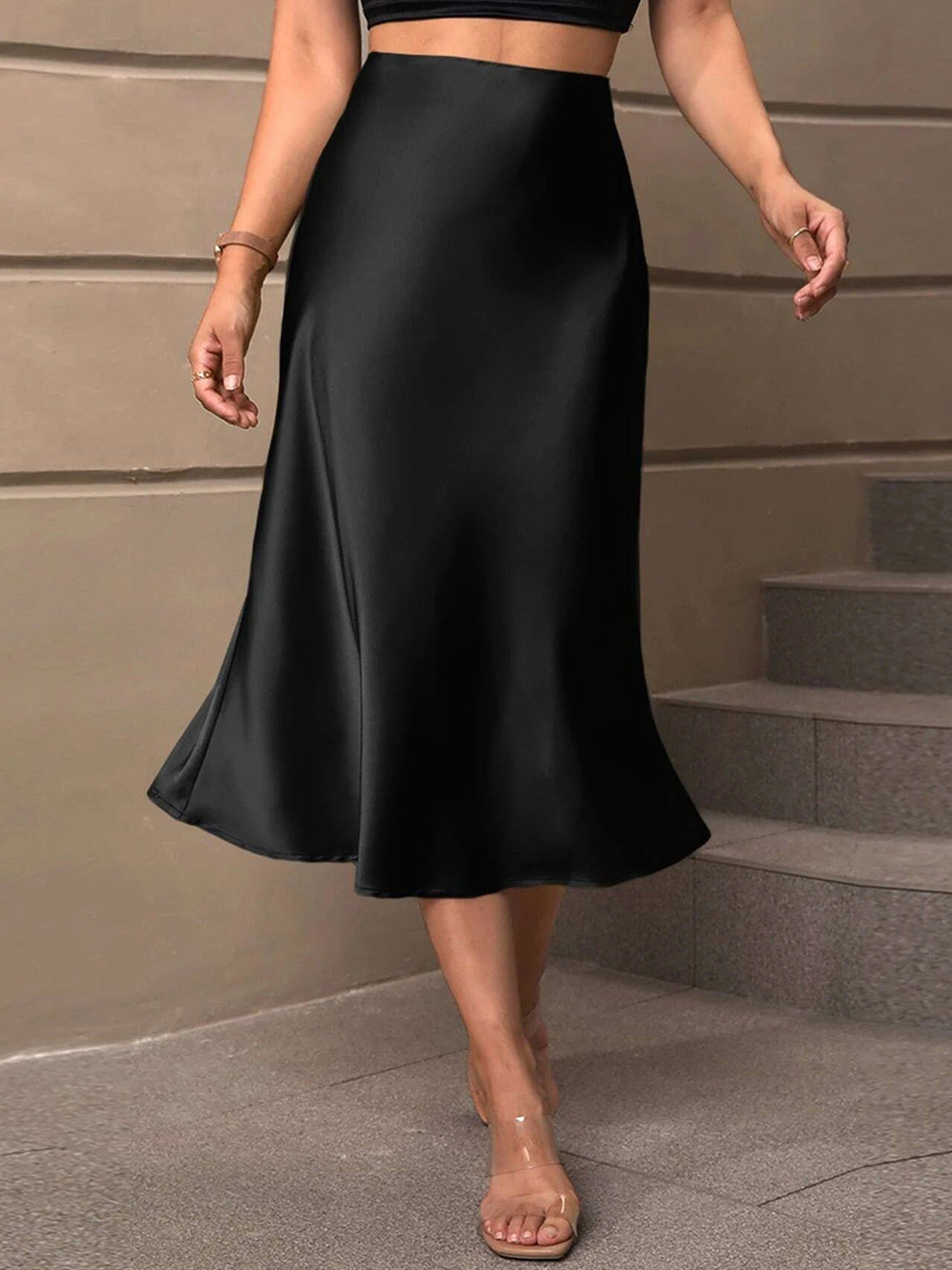 Outzidr Women High-Rise Sleek Satin Midi Flared Skirt