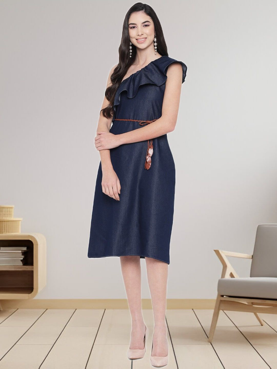 R.Code by The Roadster Life Co. Women One Shoulder Pure Cotton Denim A-Line Dress