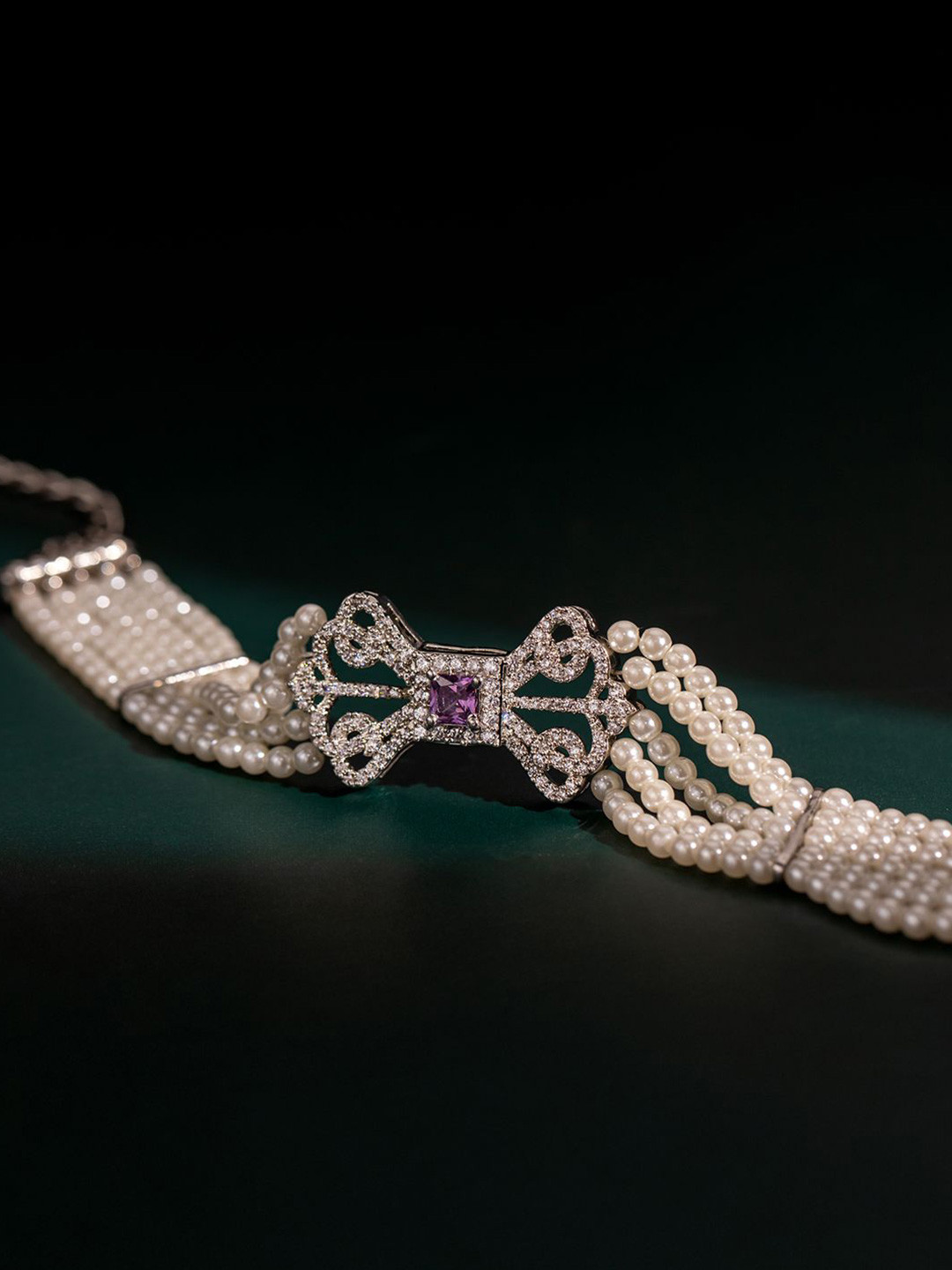 Voylla Halo Essence Bow Rhodium-Plated American Diamond Link Bracelet