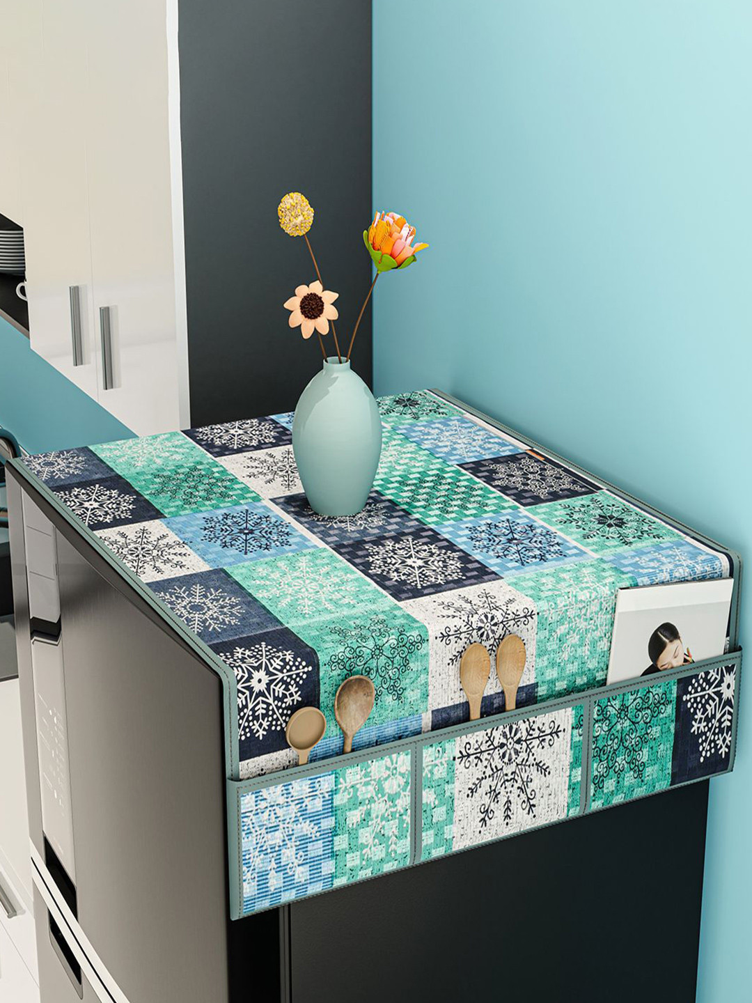 Kuber Industries Green & Black Printed 6 Utility Pockets Waterproof Refrigerator Cover