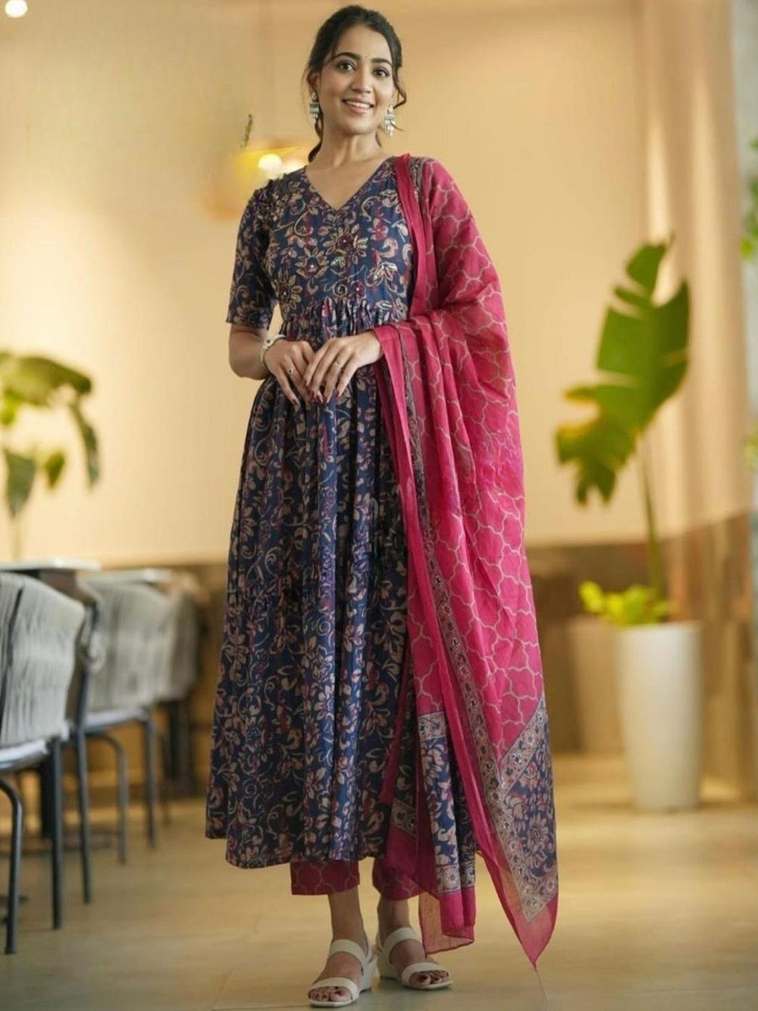 JODAA Floral Printed Anarkali Kurta With Trousers & Dupatta
