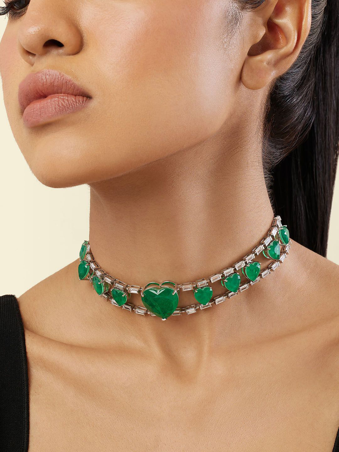 Isharya Rhodium-Plated Emerald Heart Choker Necklace