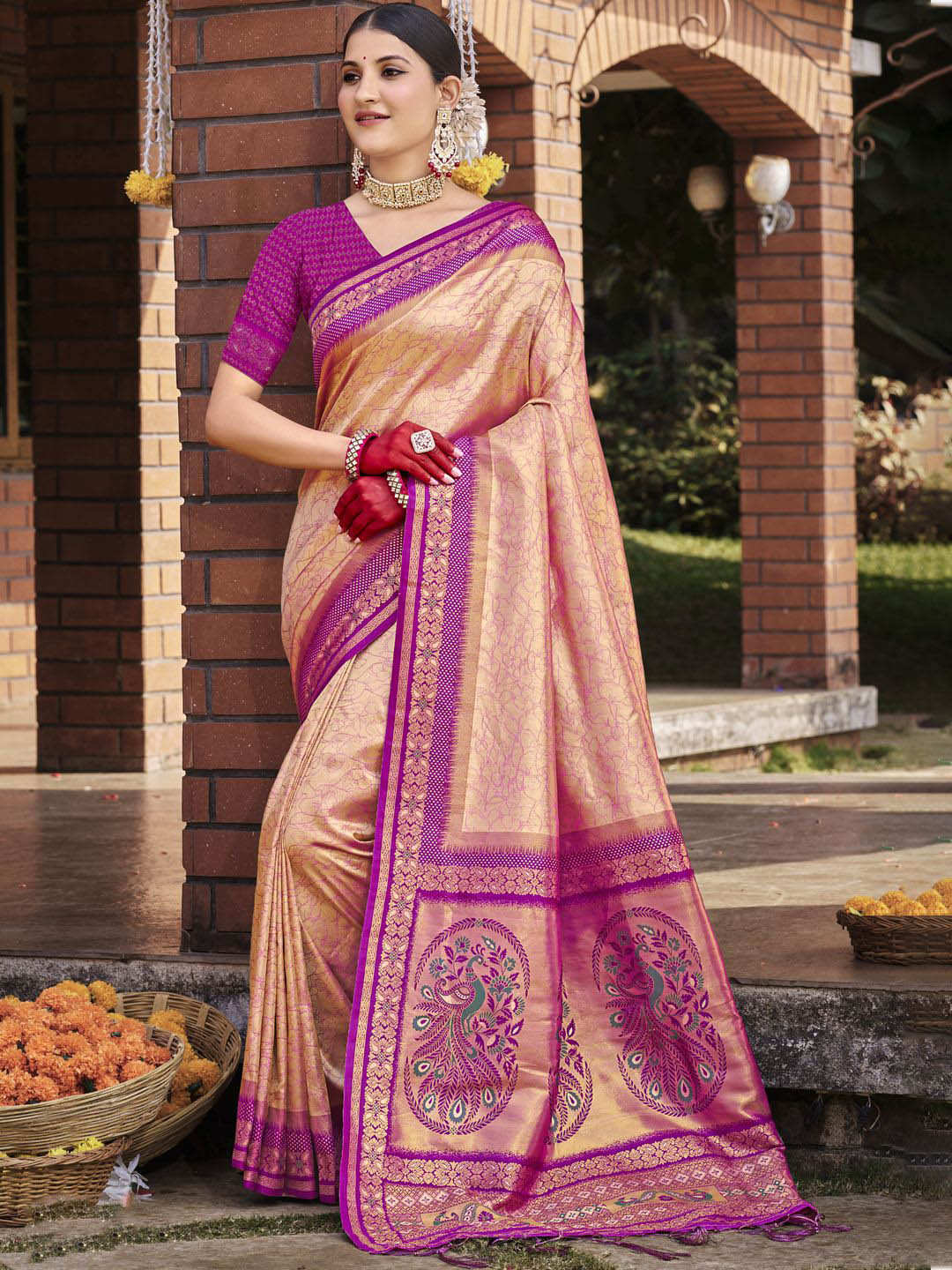 DEVATITHI Woven Design Zari Peach Silk Saree