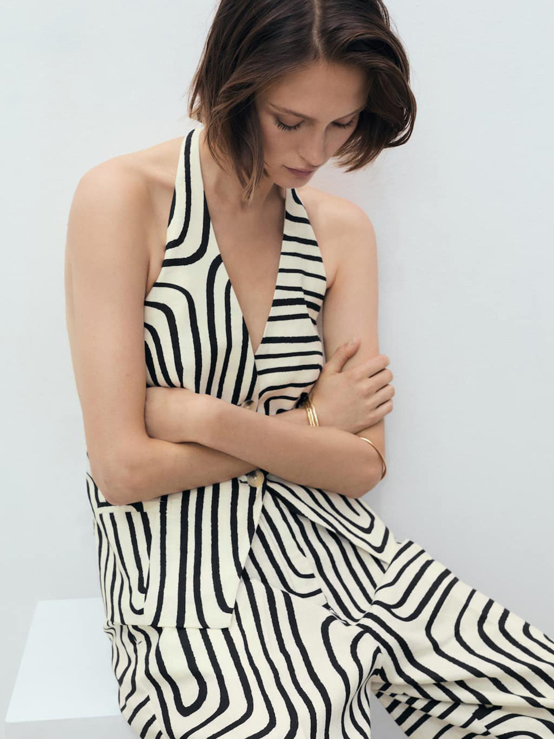 MANGO Geometric Print Halter Neck Linen Cotton Top