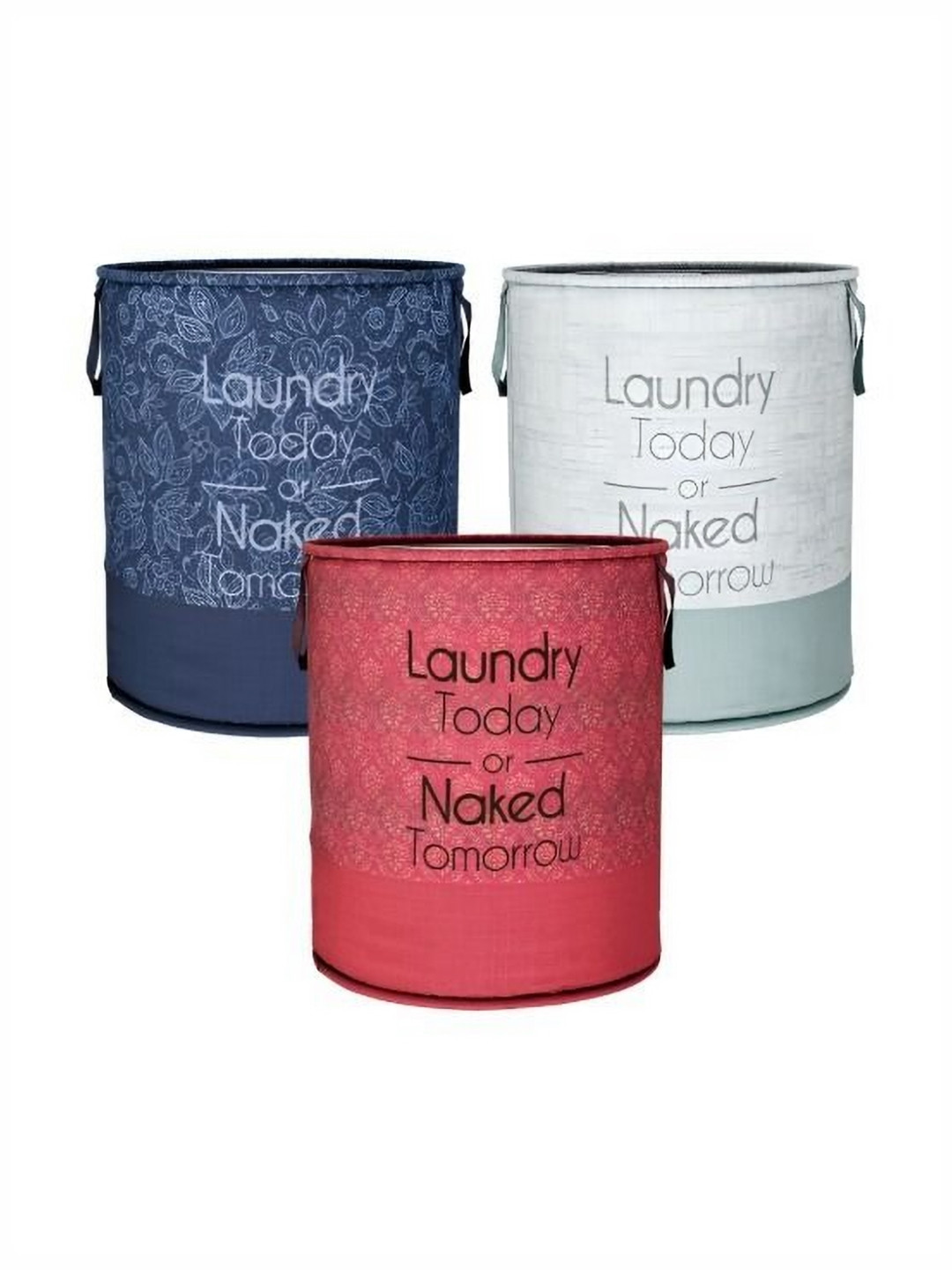 Aura Navy Blue & White 3 Pieces Printed Non-Woven Foldable Laundry Bags With Handle - 45L
