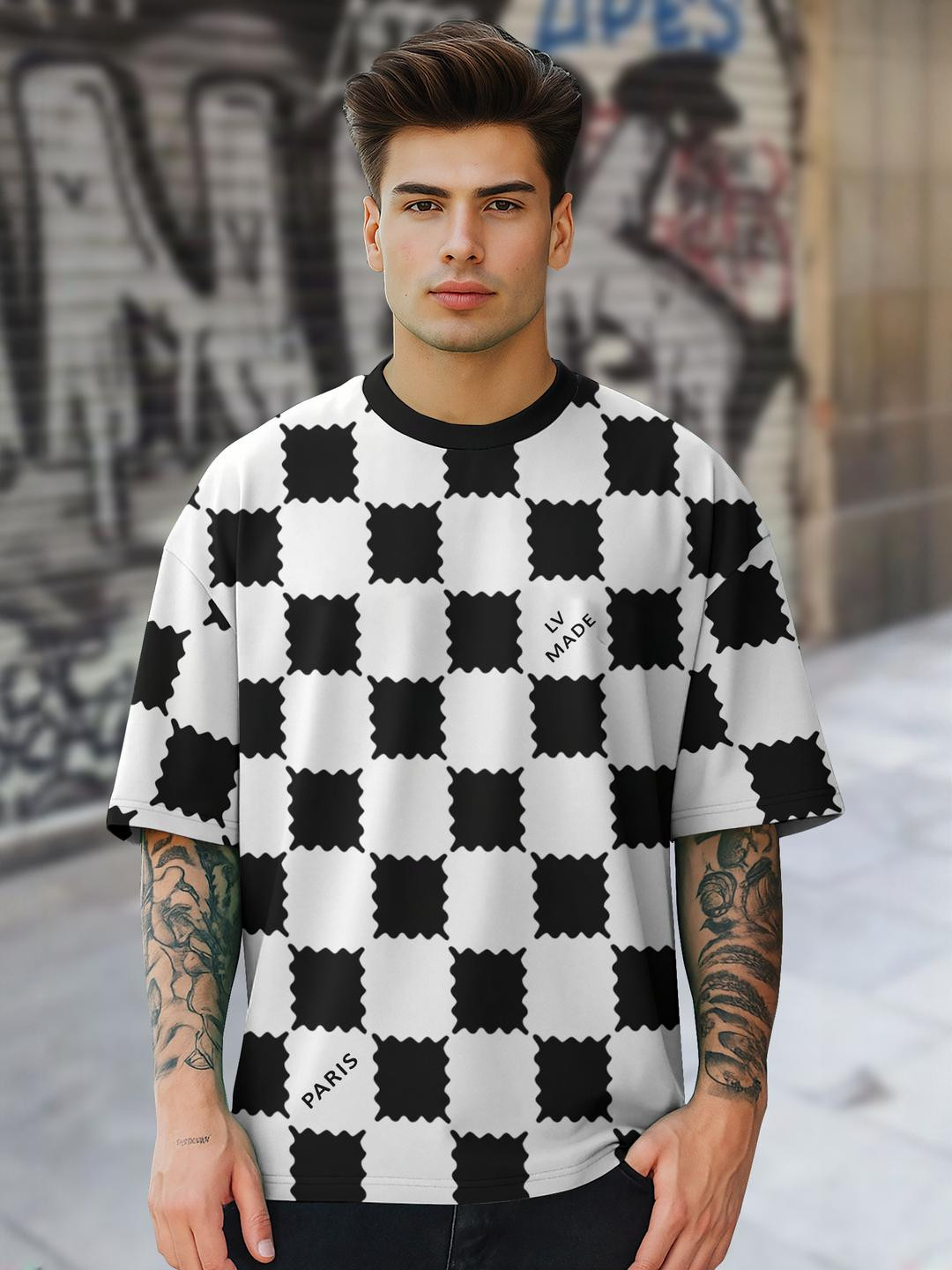 BEING WANTED Men Black And White Printed Round Neck Oversized Casual T-shirt