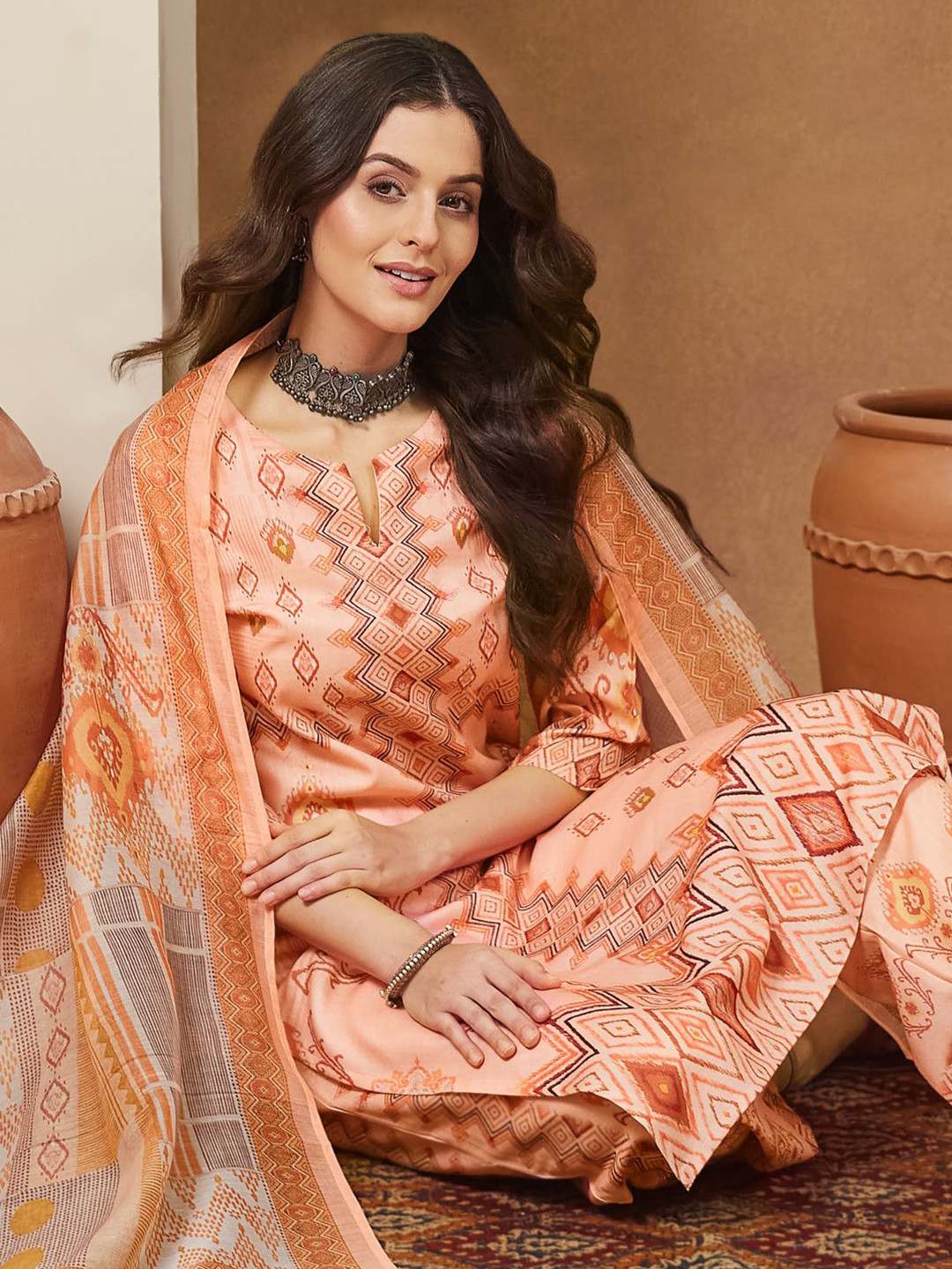 Janasya Women Peach Cotton Geometric Printed Straight Kurta Set
