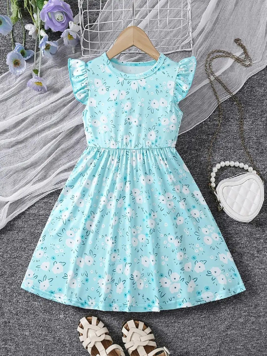 White World Girls Floral Printed Flutter Sleeve Fit & Flare Above Knee Dress