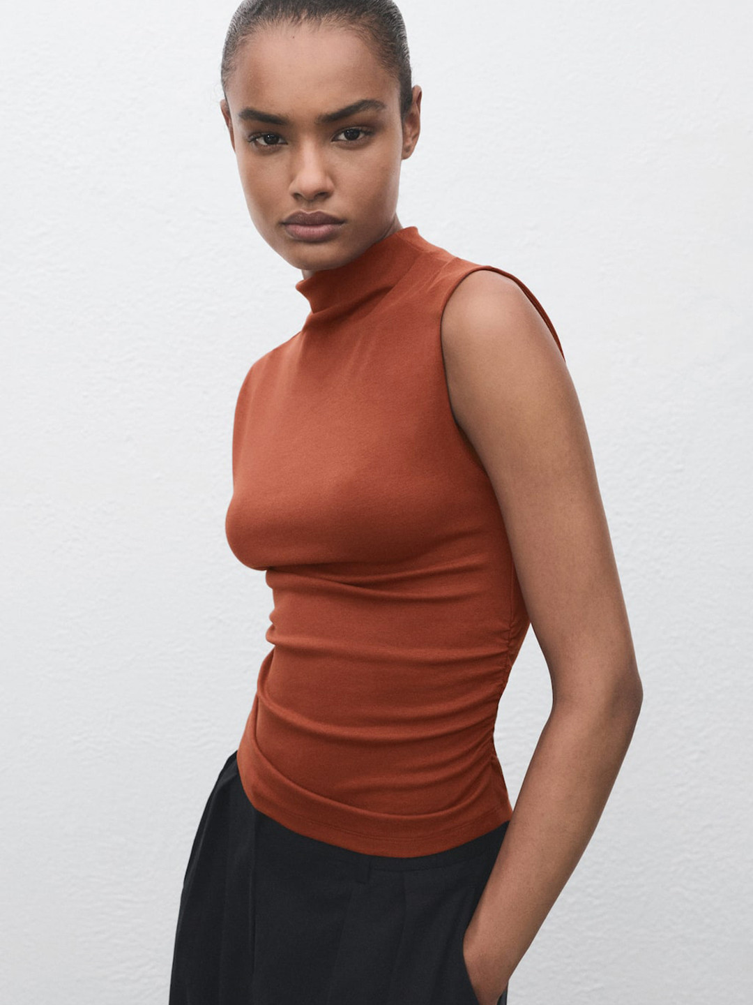MANGO Ruched Effect High Neck Fitted Top