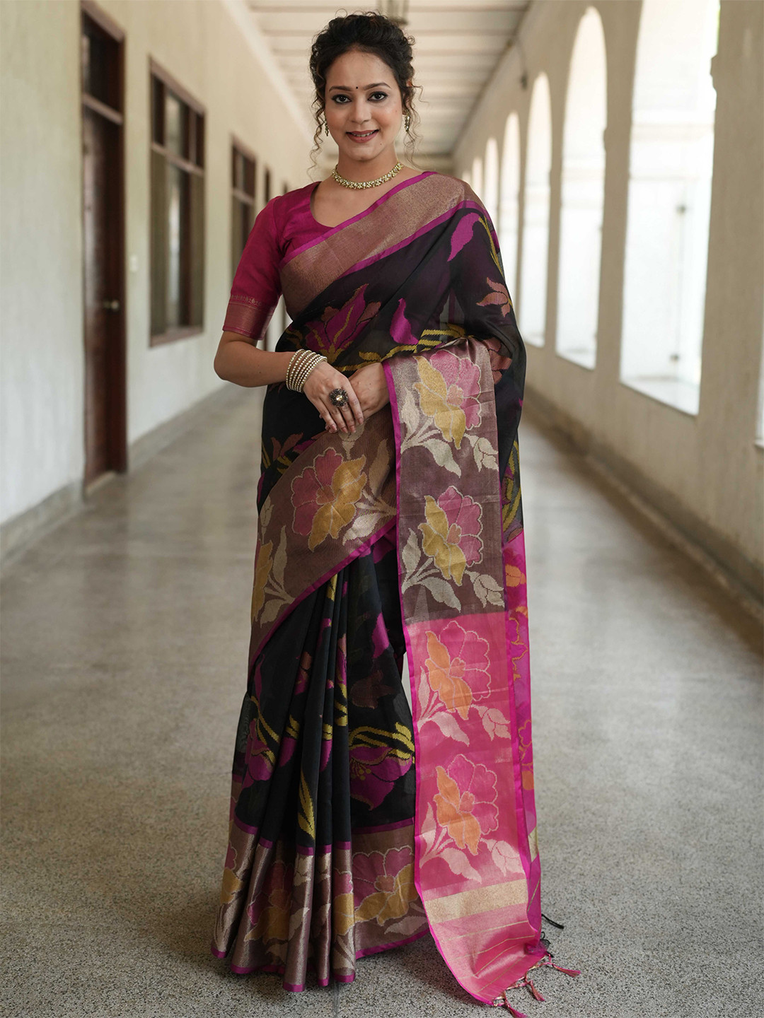 Banarasee Floral Printed Zari Silk Cotton Saree