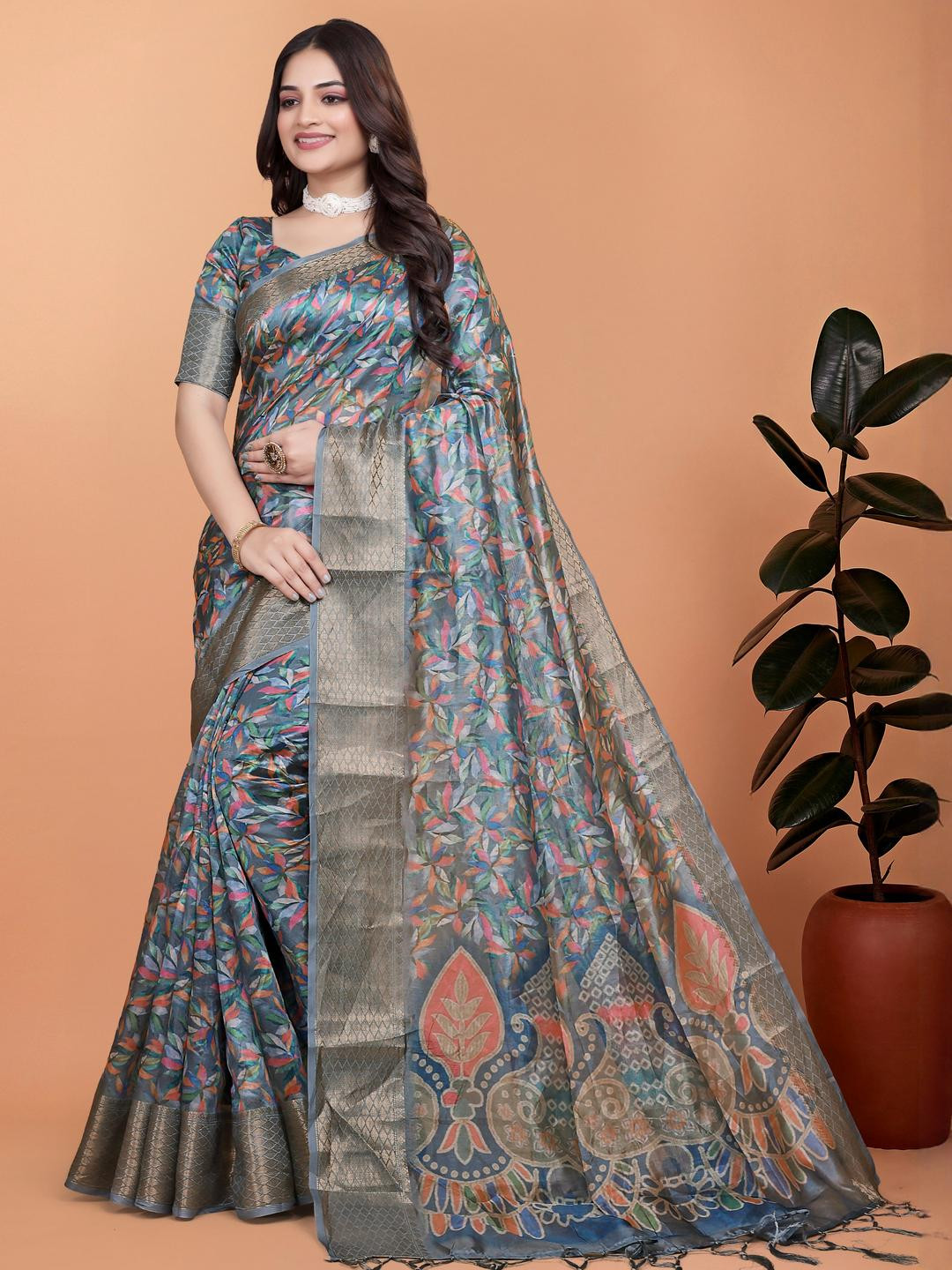 DIVASTRI Women Blue Silk Blend Ethnic Motifs Banarsi Saree