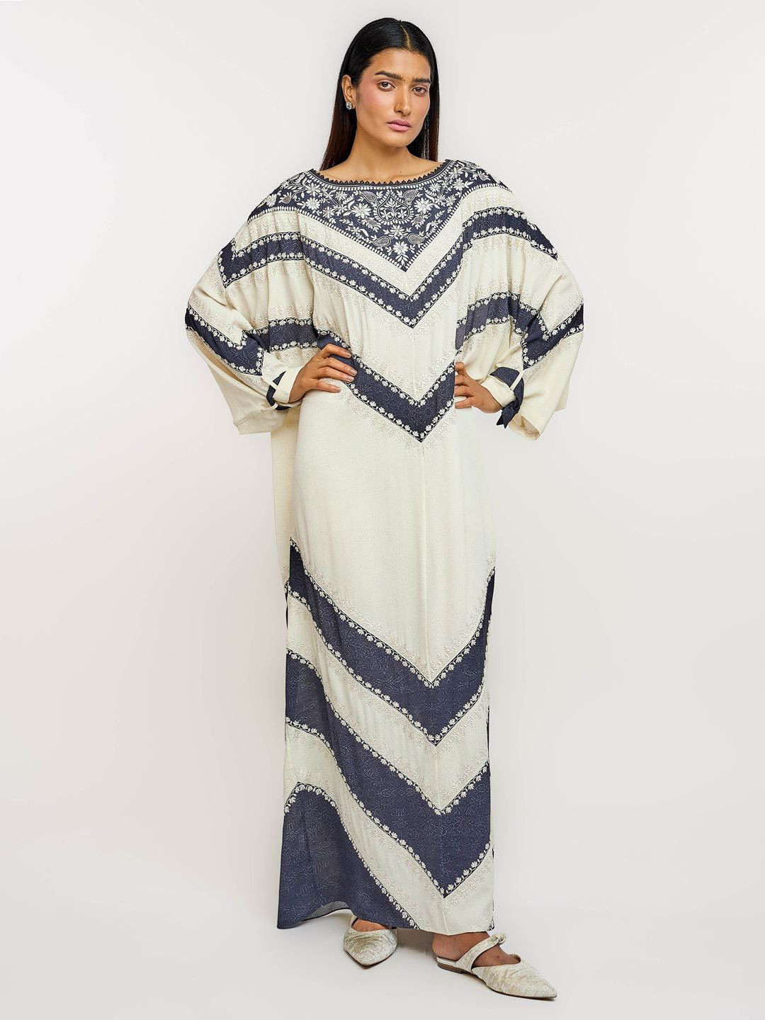 OTT Tarun Tahiliani Women Tie and Dye Embroidered Batwing Sleeve Satin Kaftan Maxi Dress