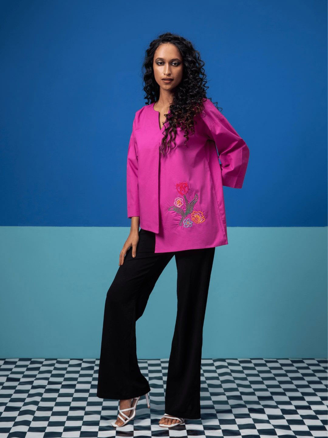 Stylefables Women Self Design Mandarin Collar Casual Cotton Shirt