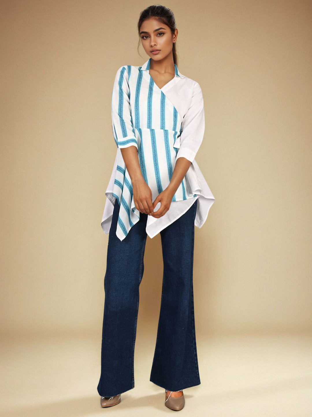 Zolo Label Women White Blue Cotton Wrap Top