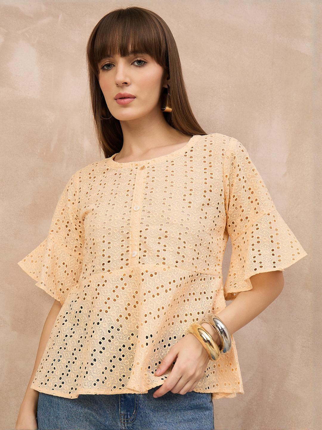 Moda Rapido Women Cream Round Neck Schiffli Cotton Flared Sleeves Regular Style Top