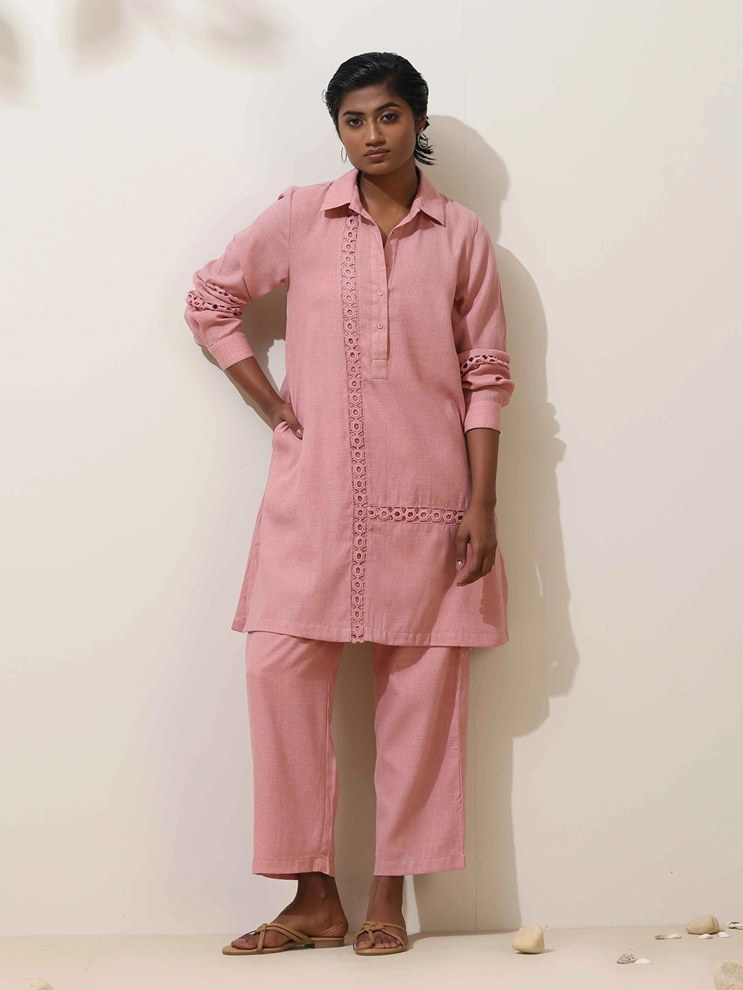trueBrowns Sakura Pink Natural Cotton Kurta & Trousers Co-ord Set