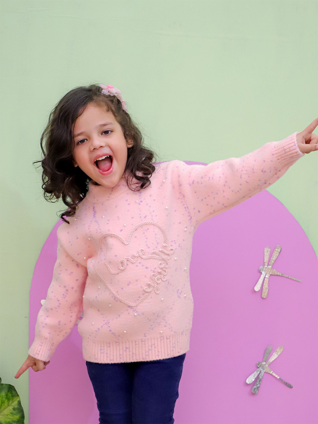 FREE BIRDS Girls Typography Embroidered Pure Cotton Pullover Sweater