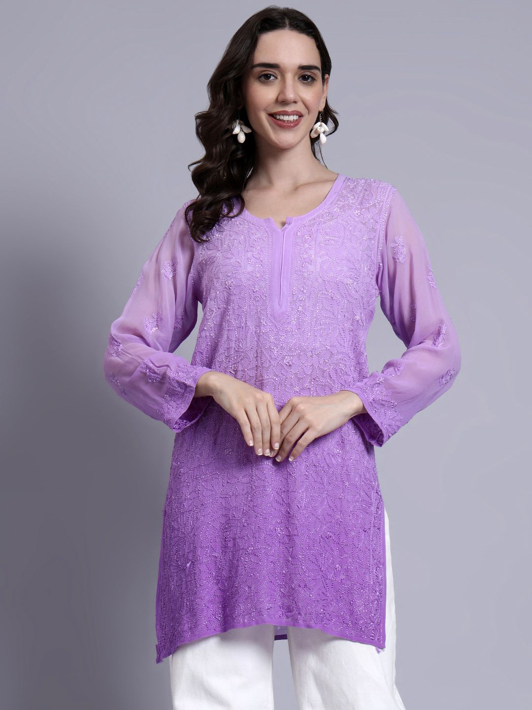 The Chikan Label Lavender Women Vanya Viscose Chikankari Short Jaal Kurti