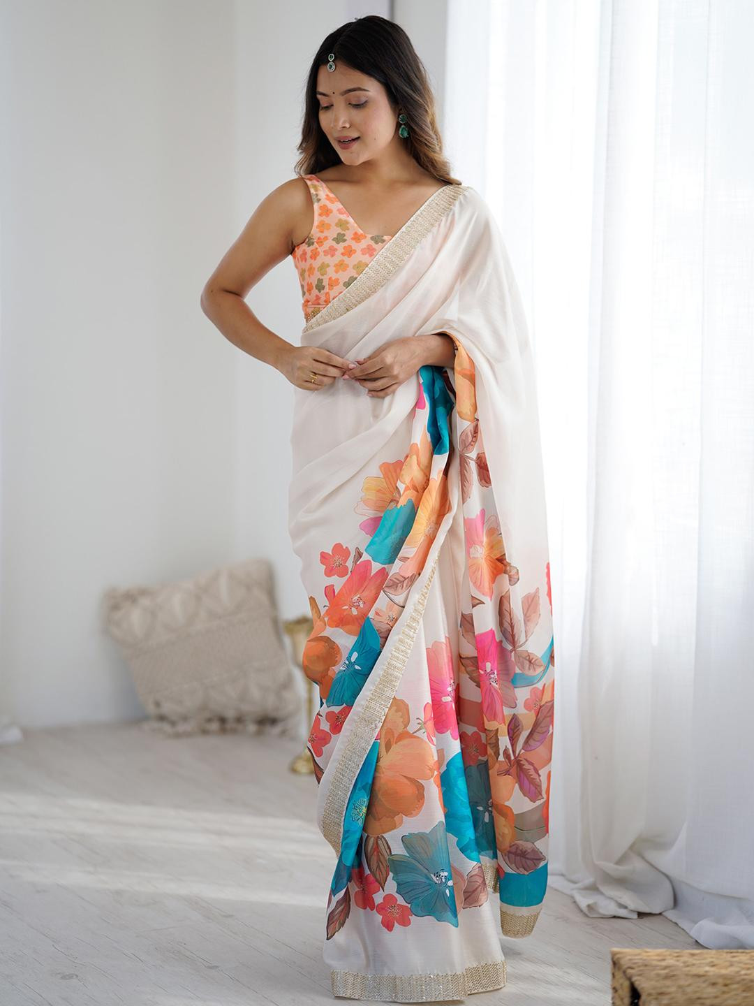 Anouk Floral Beads and Stones Pure Chiffon Designer Saree With Matching Blouse
