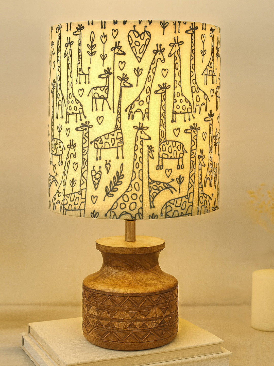 Homesake Yellow & Brown Printed Fabric Shade With Wooden Base Table Lamp