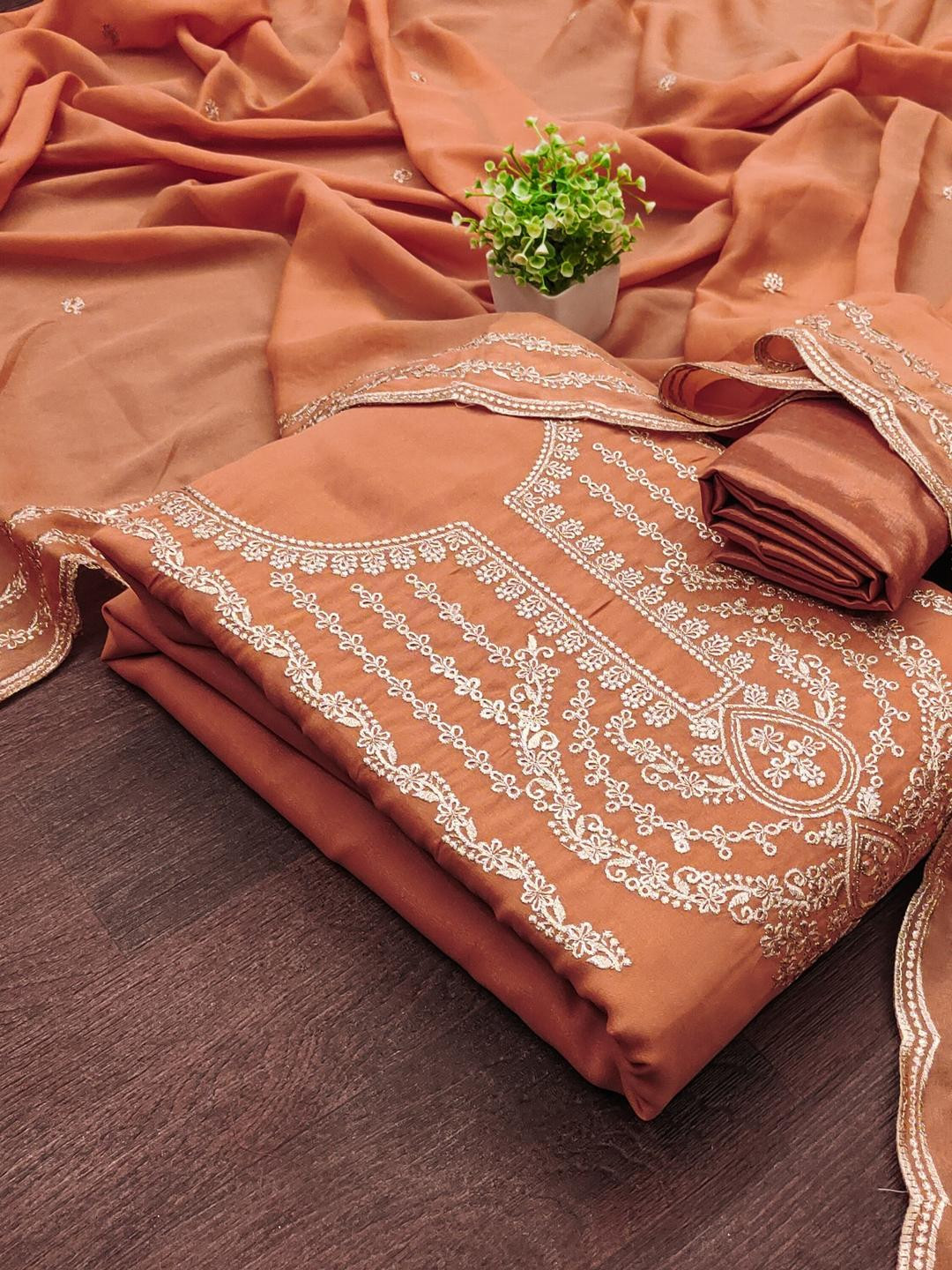 KALINI Women Orange Embroidered Geometric Dress Material