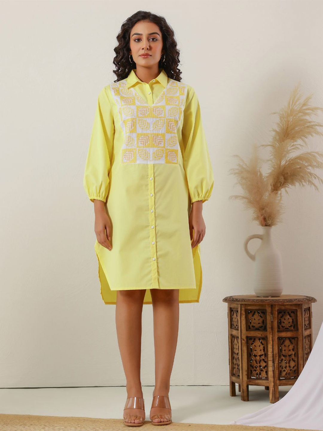 Zolo Label Women Sunshine Yellow Cotton Embroidered Shirt Dress