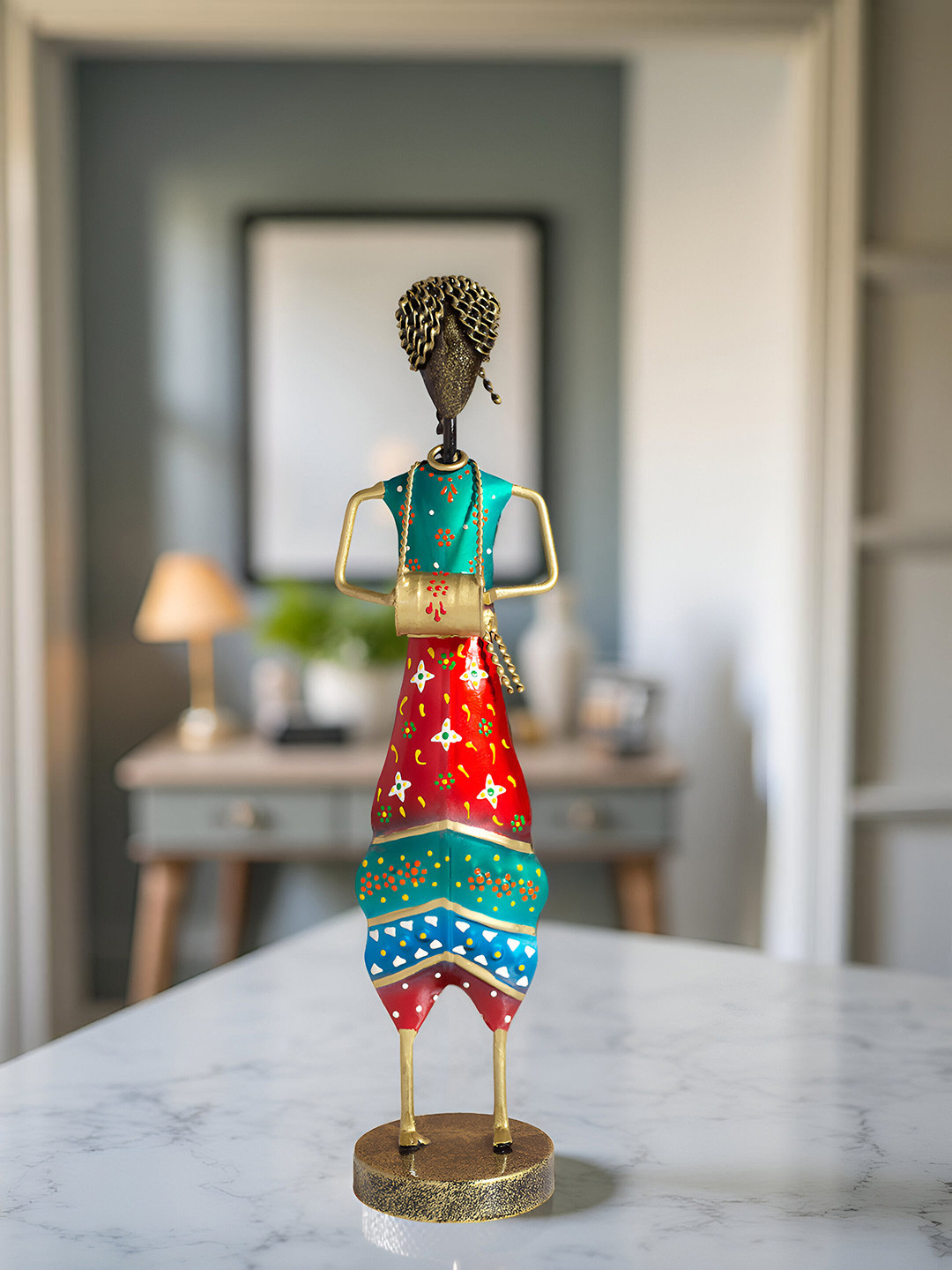 Golden Peacock Musician Green Metal Metallic Living Room Hand-Crafted Medium Showpiece - 13.2 Inches