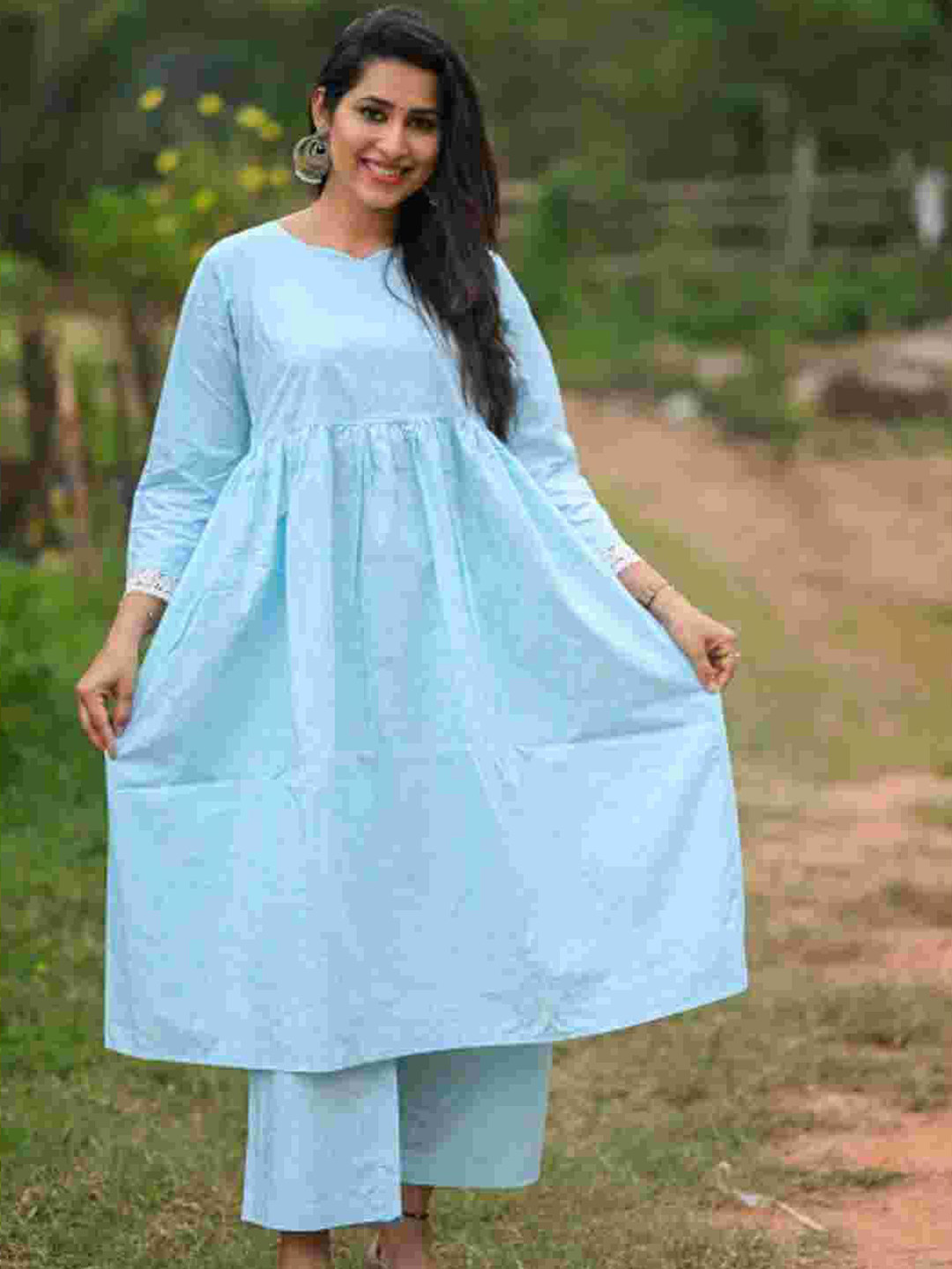 Nakshgeeth Round Neck Flared A-Line Pure Cotton Kurta With Palazzos