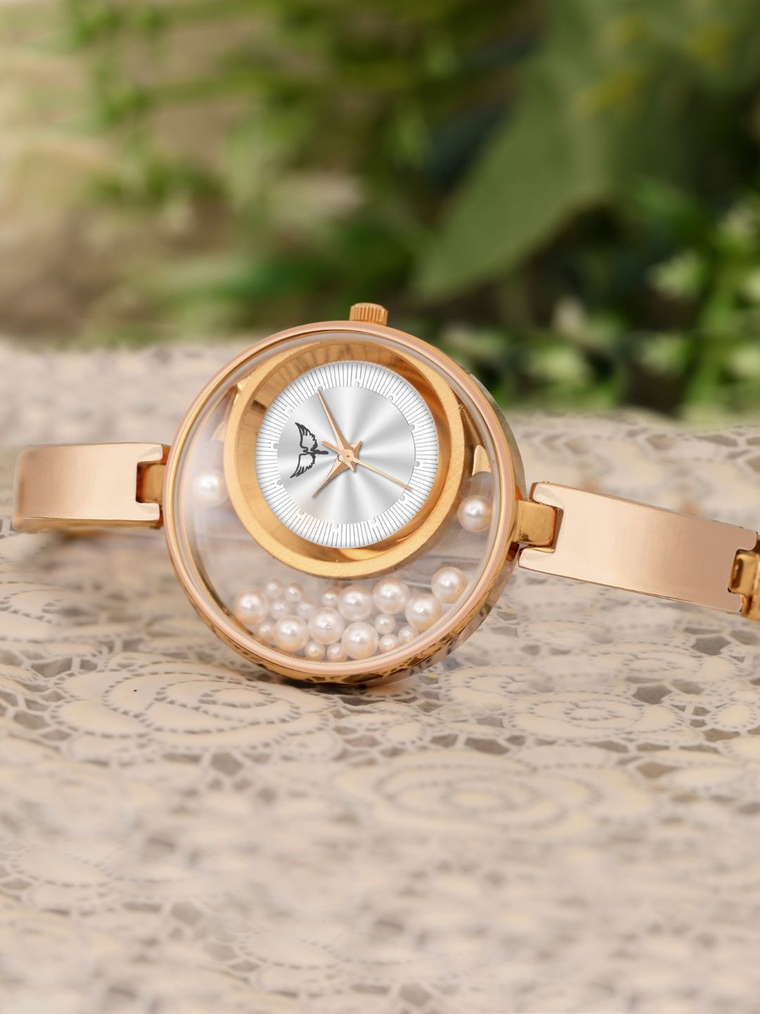 WHITE BIRD Women Bangle Analogue Watch with Floating Pearl Detailing 5099 Rose Gold