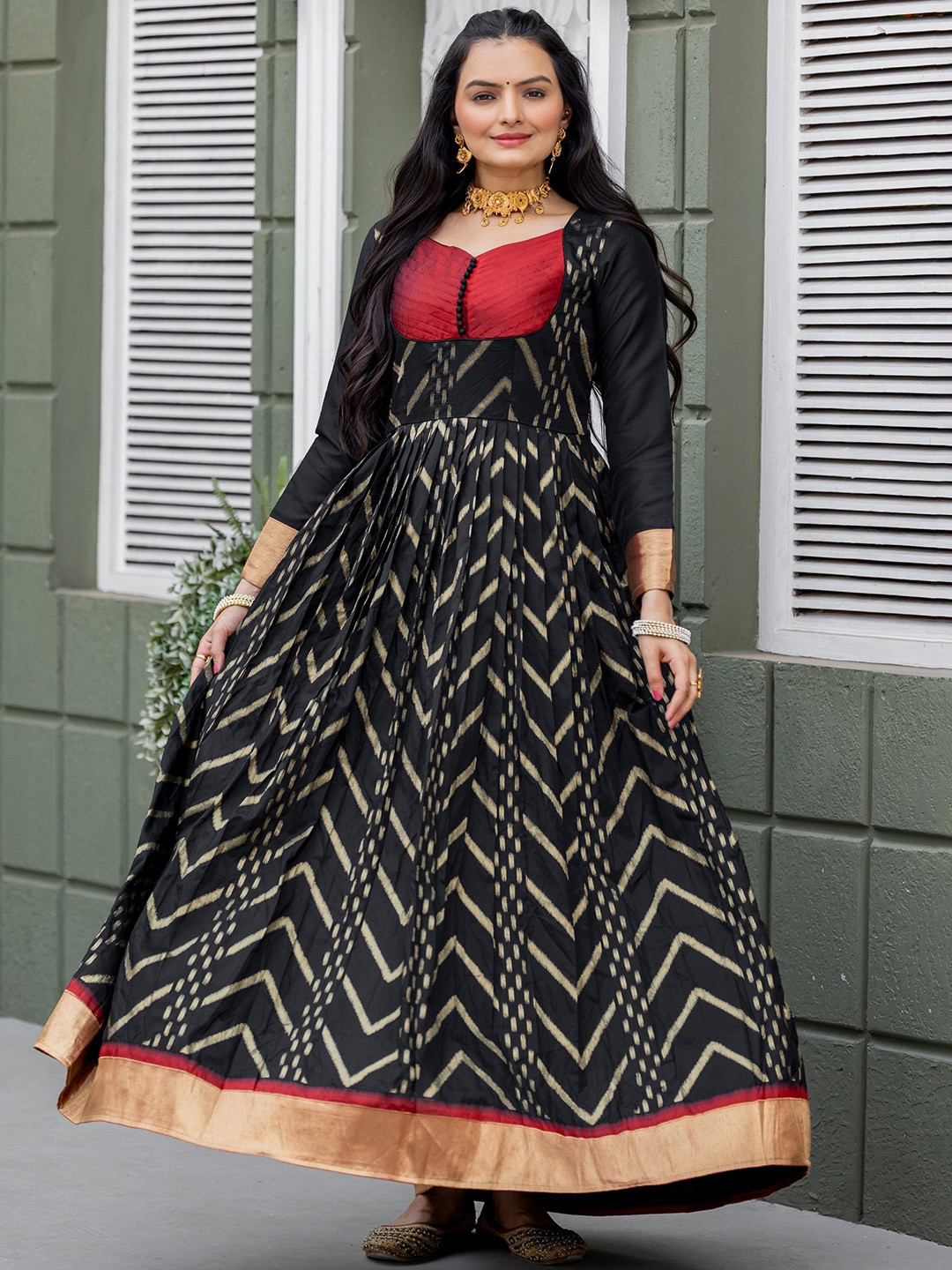Tasarika Black Chevron Print Anarkali Maxi Ethnic Silk Dress