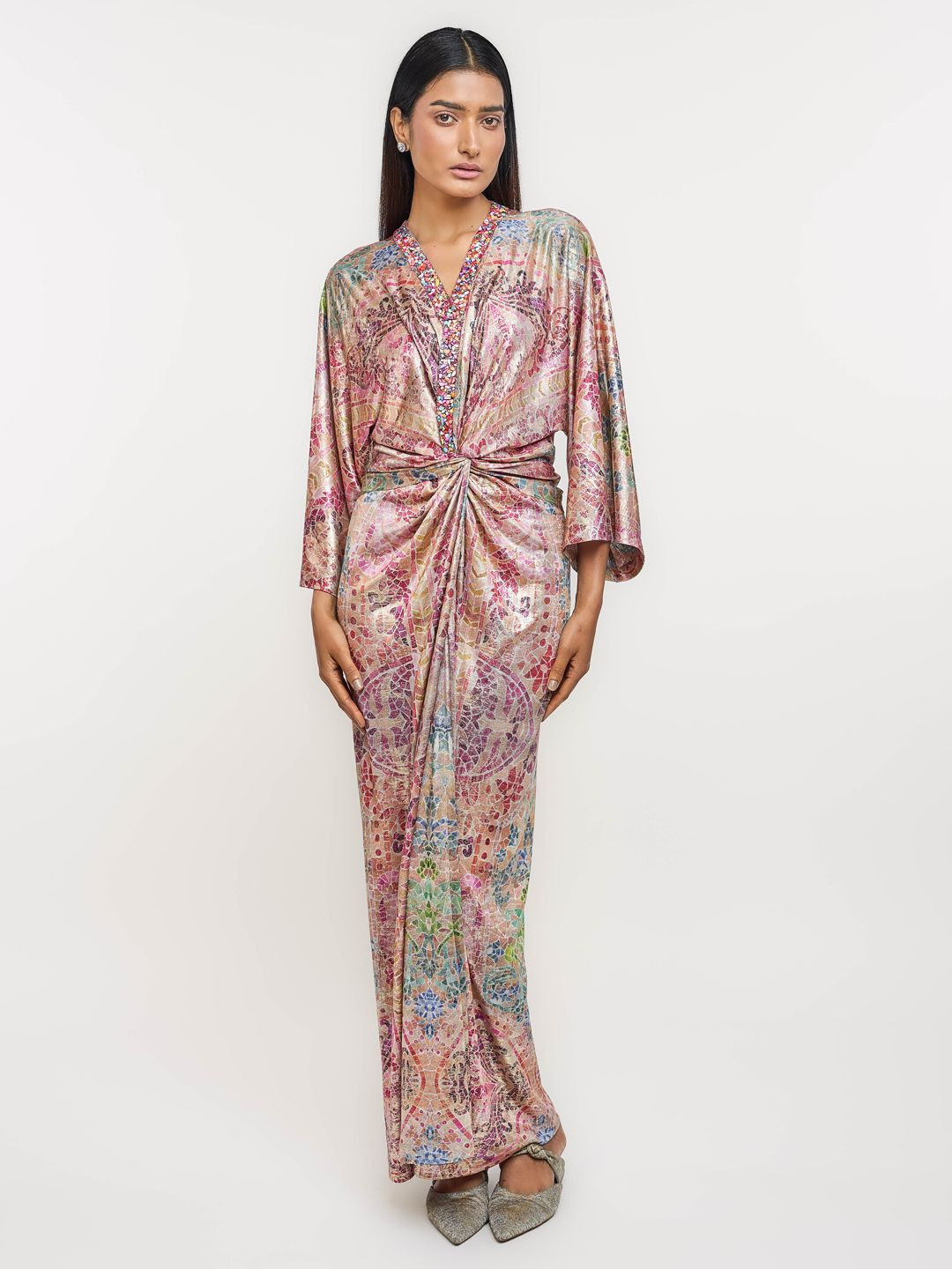 OTT Tarun Tahiliani Printed Flared Sleeve Sheen Draped Kaftan Maxi Dress