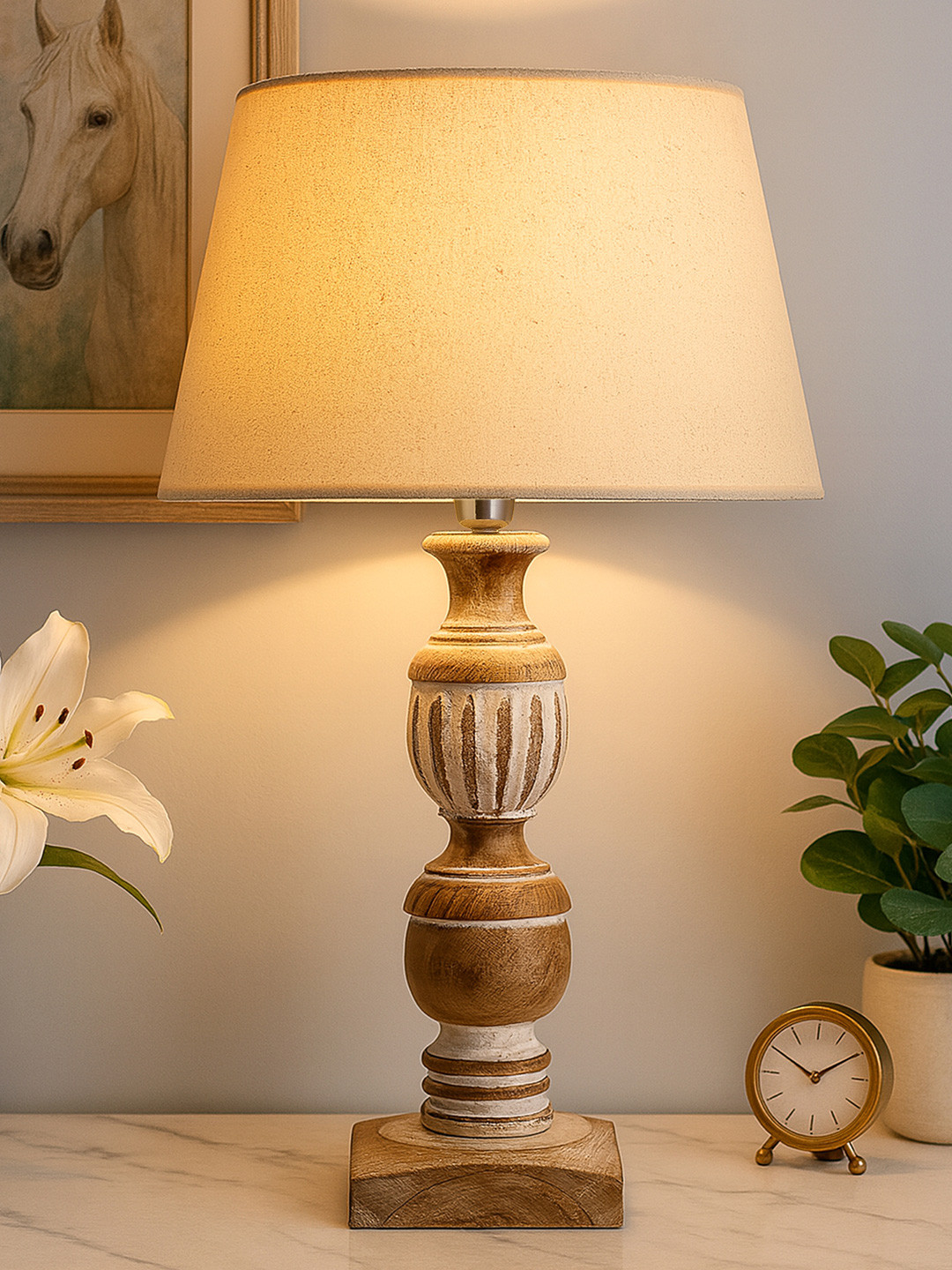 Homesake Brown & White Solid French Trophy Handcrafted Table Lamp with Shade
