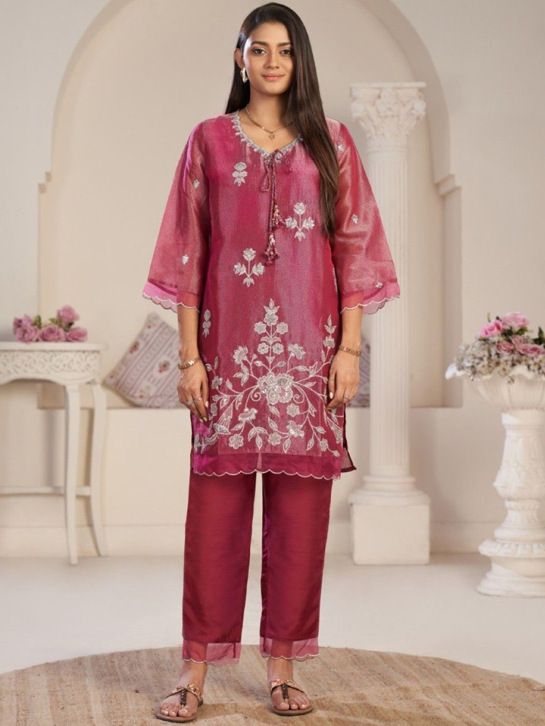 AUTUMN LANE Anumeha Rouge Floral Embroidered V-Neck Organza Kurta With Trouser