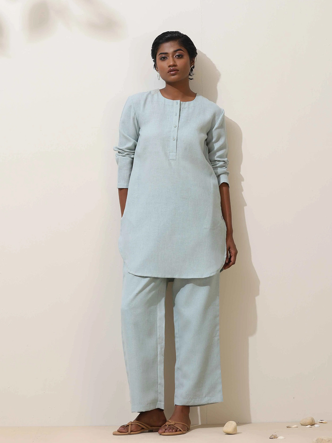 trueBrowns Ciel Blue Crochet Natural Cotton Kurta Co-Ord Set
