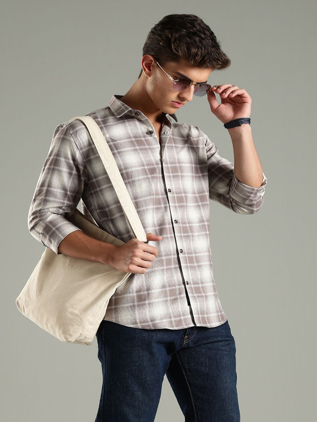 PAUL STREET Tartan Checks Checked Spread Collar Slim Fit Shirt