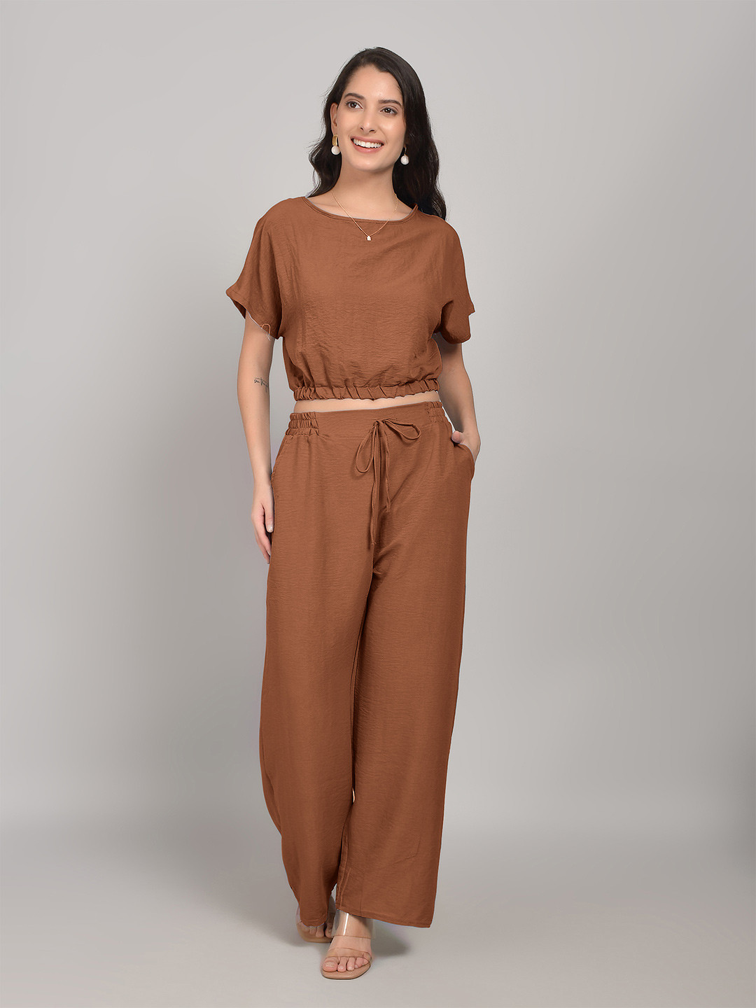 Stem Rope Women Brown Cotton Blend Co-Ords
