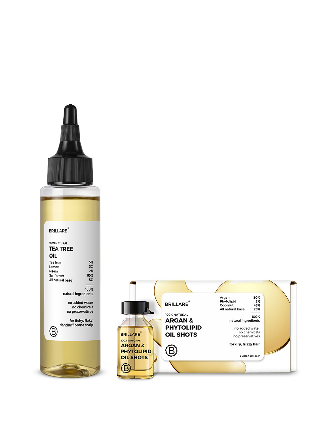 BRILLARE Set of 6 Argan & Phytolipid Oil Shots 6ml Each & Tea Tree Hair Oil 100ml