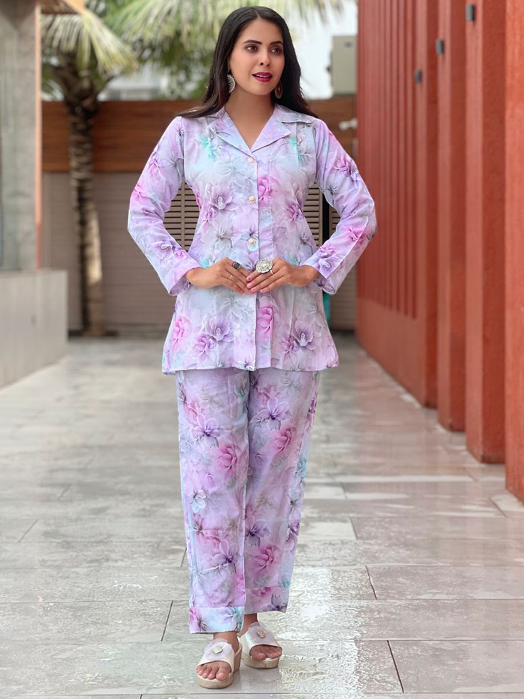 GRISHU COLLECTION Floral Printed Lapel Collar Pure Cotton Shirt With Trouser