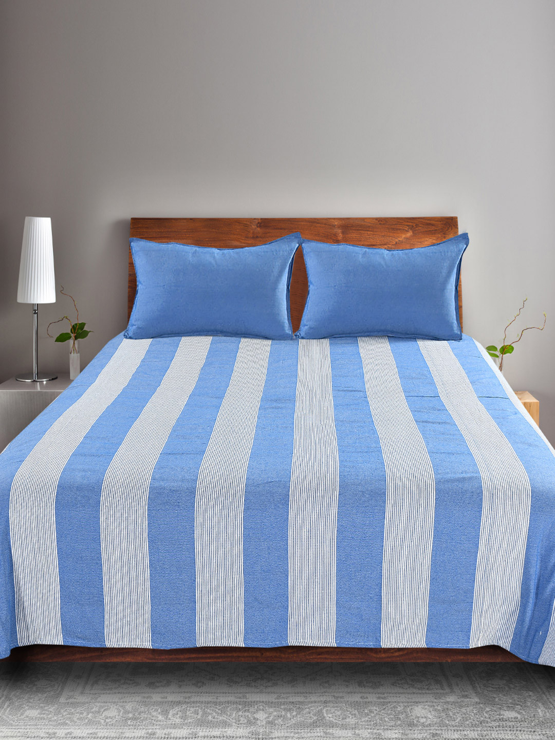 Saral Home Blue & White Striped 500 TC Bedsheet with 2 Pillow Covers
