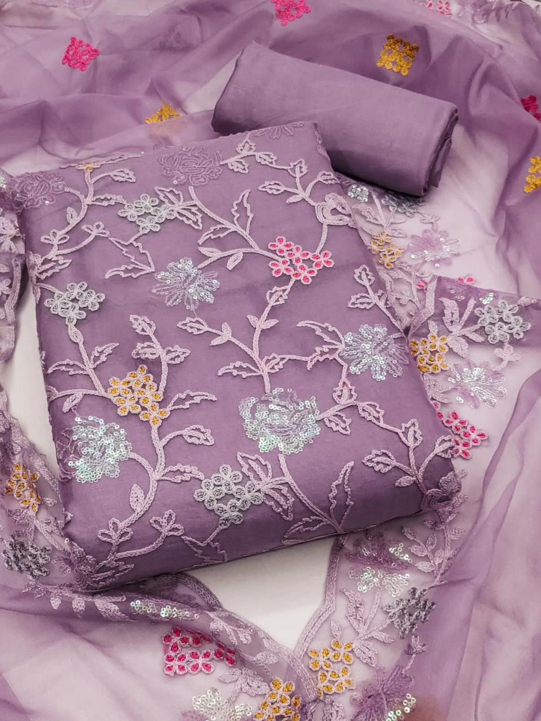 KALINI Women Lavender Embroidered Floral Dress Material