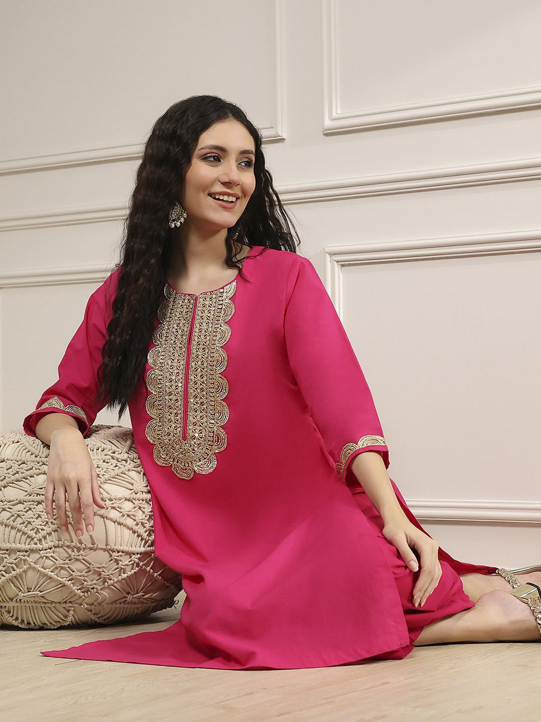 Biba Fuchsia Women Thread Work Kurta