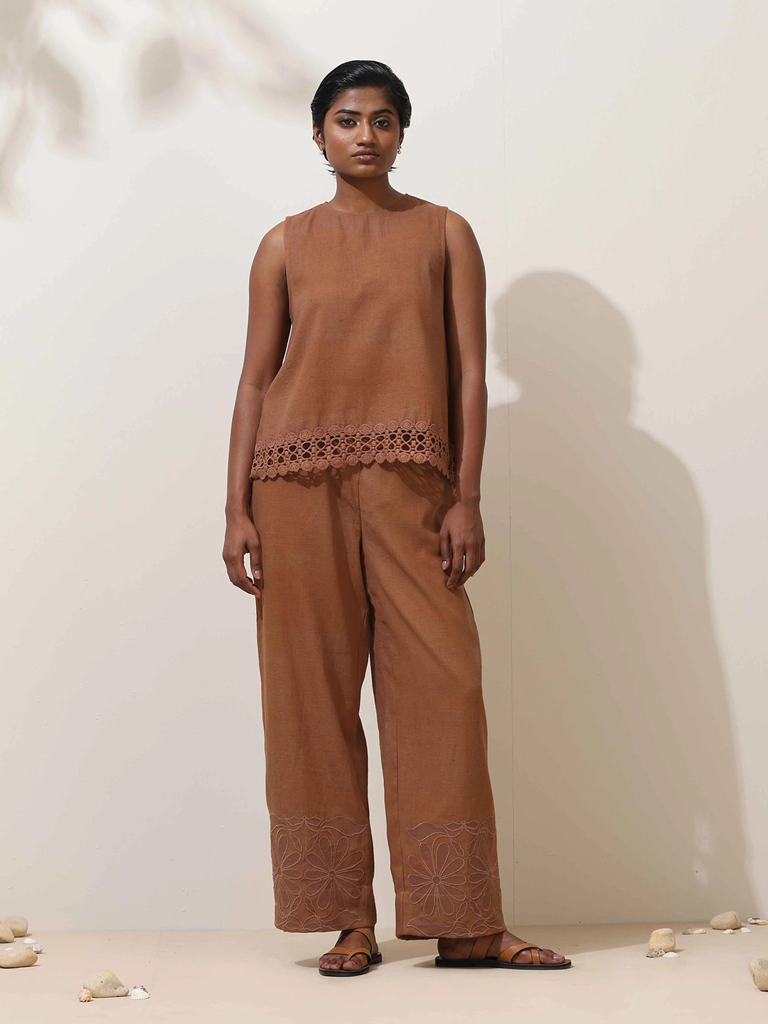 trueBrowns Oudh Brown Embroidered Natural Cotton Co-Ord Set