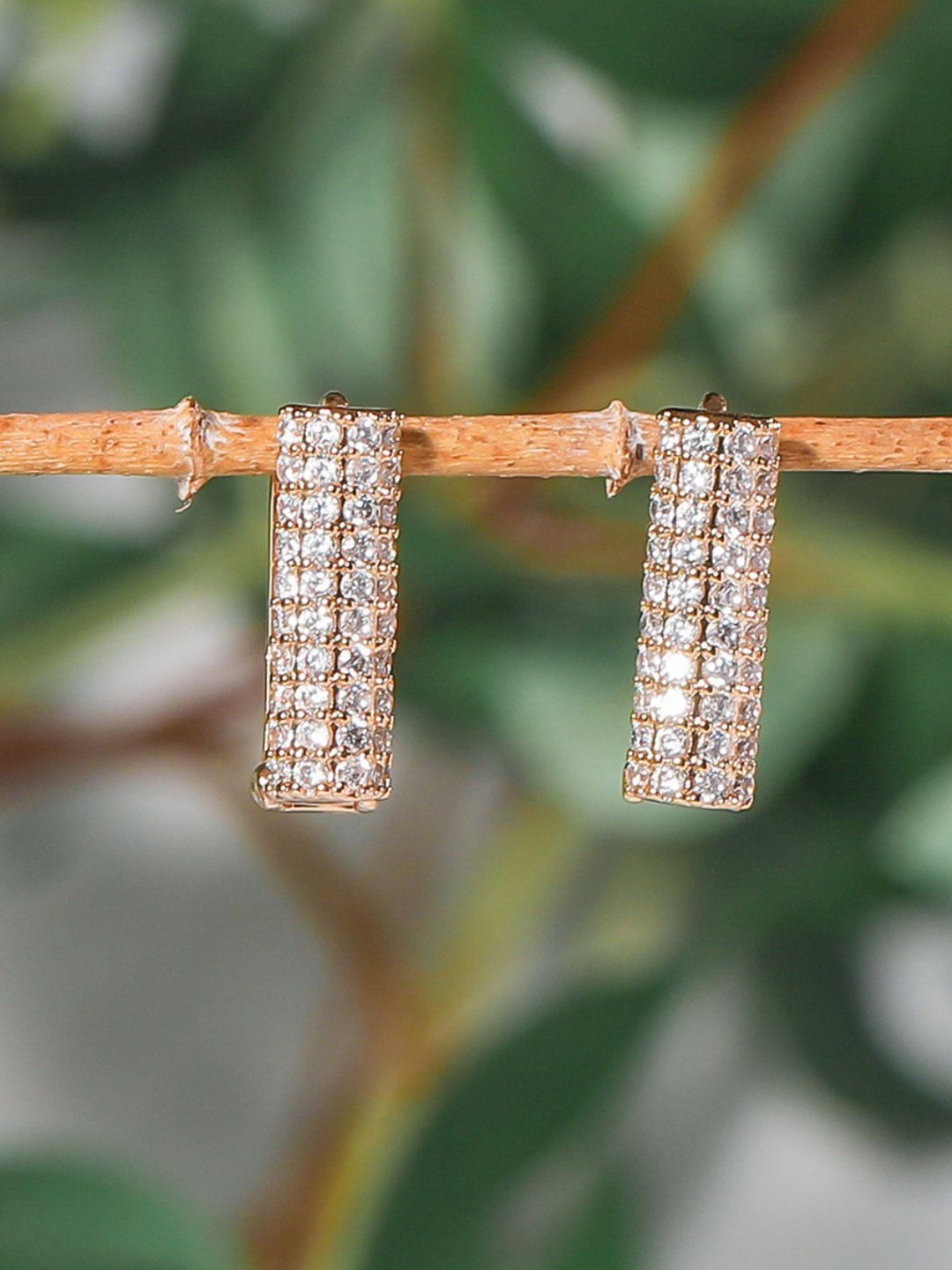 Young & Forever Stainless Steel Gold-Plated Cubic Zirconia Studded Square Hoop Earrings