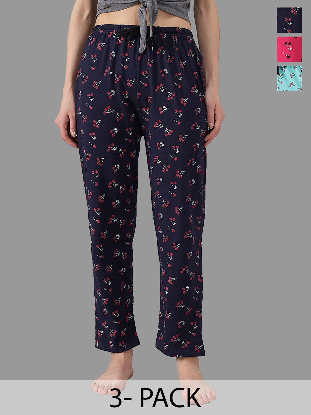 FIT N FAME Women 3 Pcs Blue Black & Pink Cherry Print Relaxed-Fit Cotton Mid-Rise Pyjamas