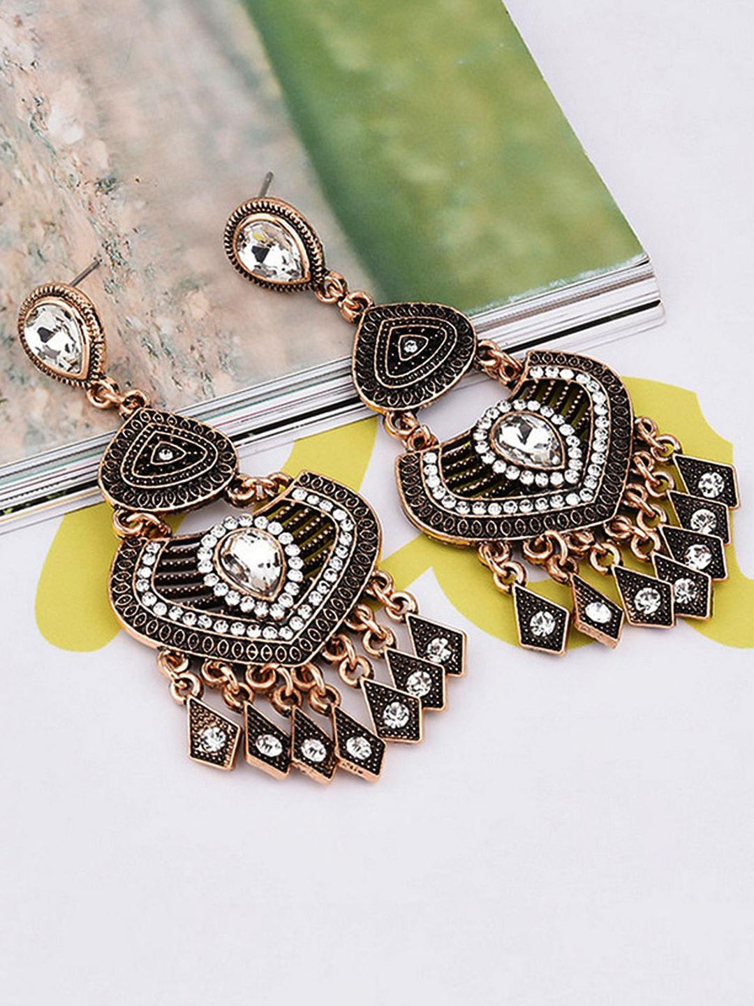 Young & Forever American Diamond Brass-Plated Chandelier Teardrop Shaped Drop Earrings