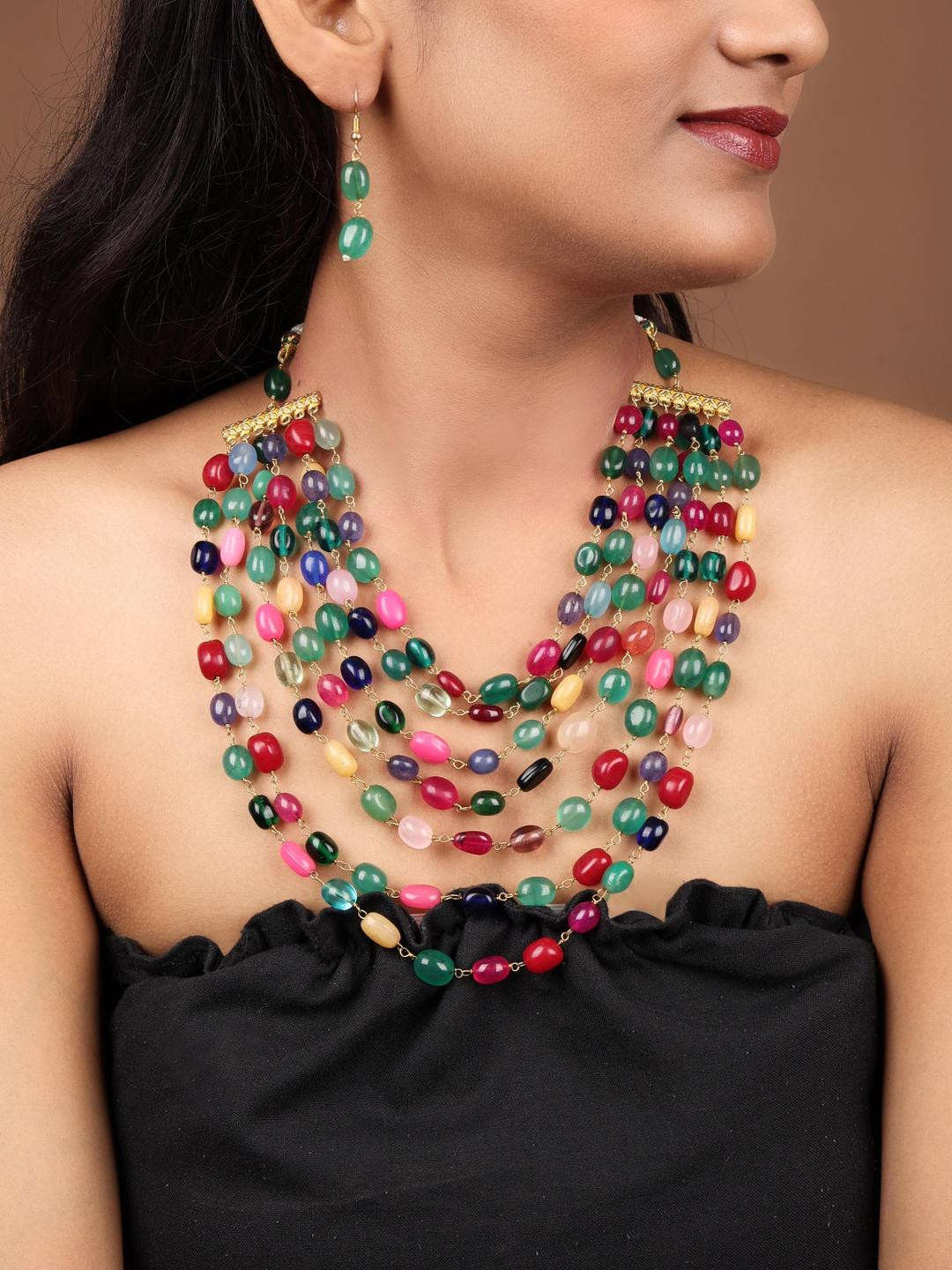 GEO JEWELS Multi-Color Beaded Layered Necklace & Earring Set