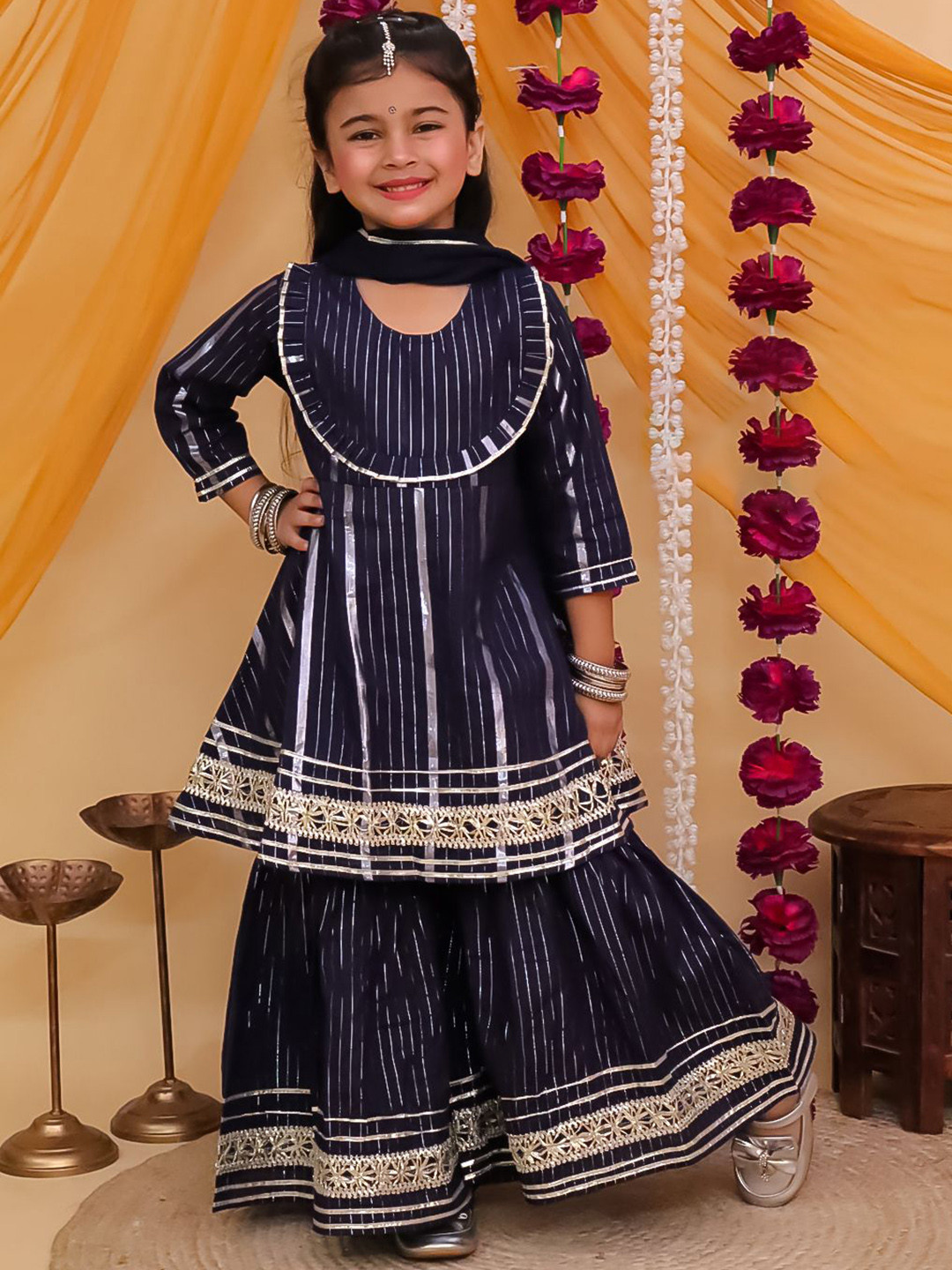 Aj DEZInES Girls Striped Cotton A-Line Kurti with Sharara & Dupatta