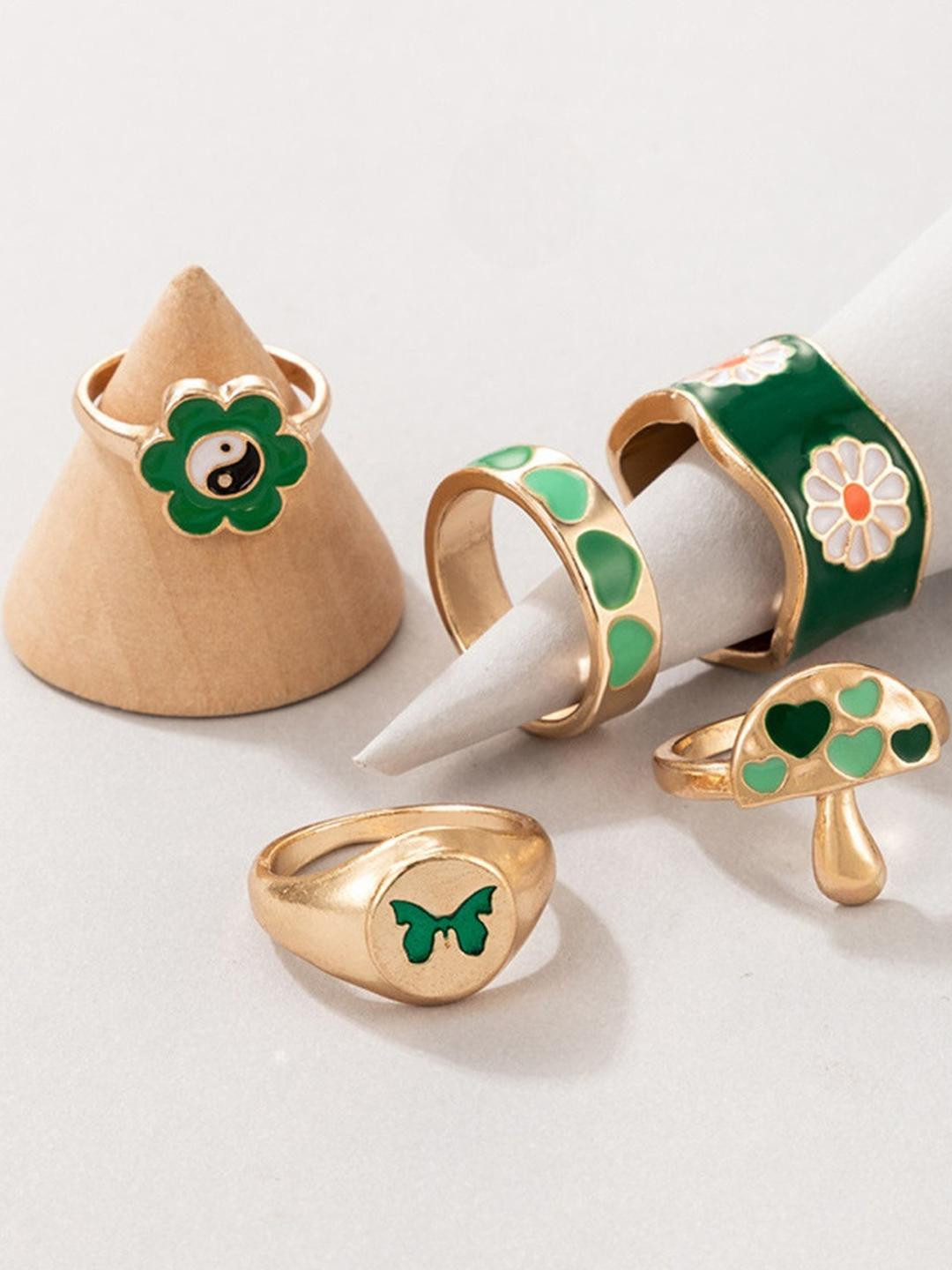 DressBerry Women Pack of 5 Green Flower Heart Butterfly Mushroom Ring Set