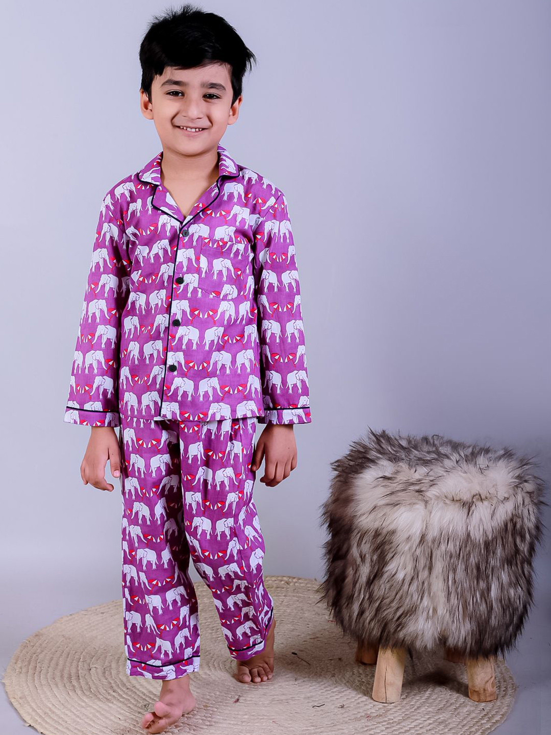 FREE BIRDS Kids Printed Lapel Collar Pure Cotton Shirt With Pyjama
