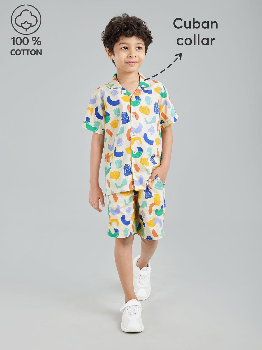 Hopscotch Boys Beige Pure Cotton Printed Clothing Set
